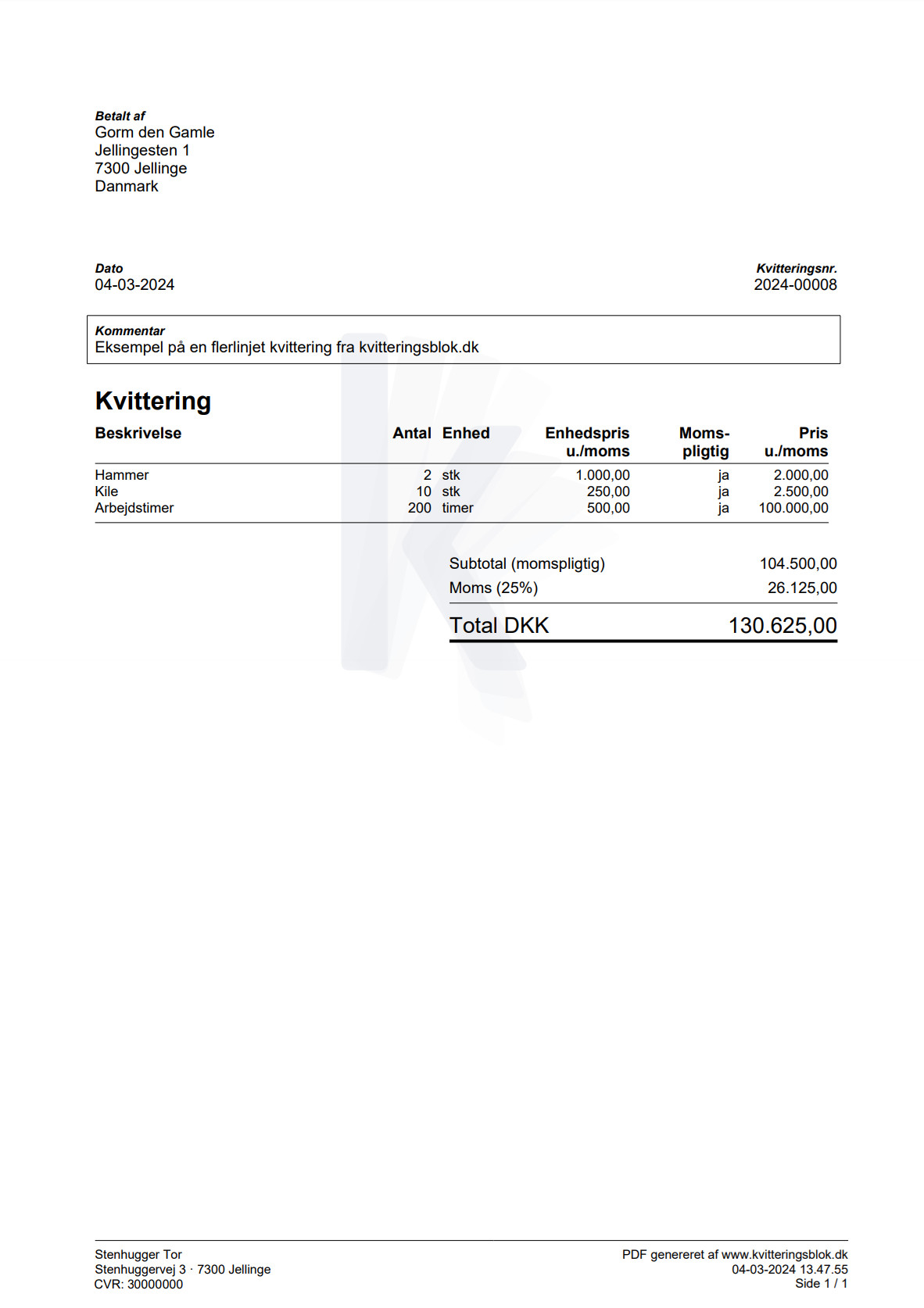 Eksempel på en fuld flerlinjet kvittering fra kvitteringsblok.dk